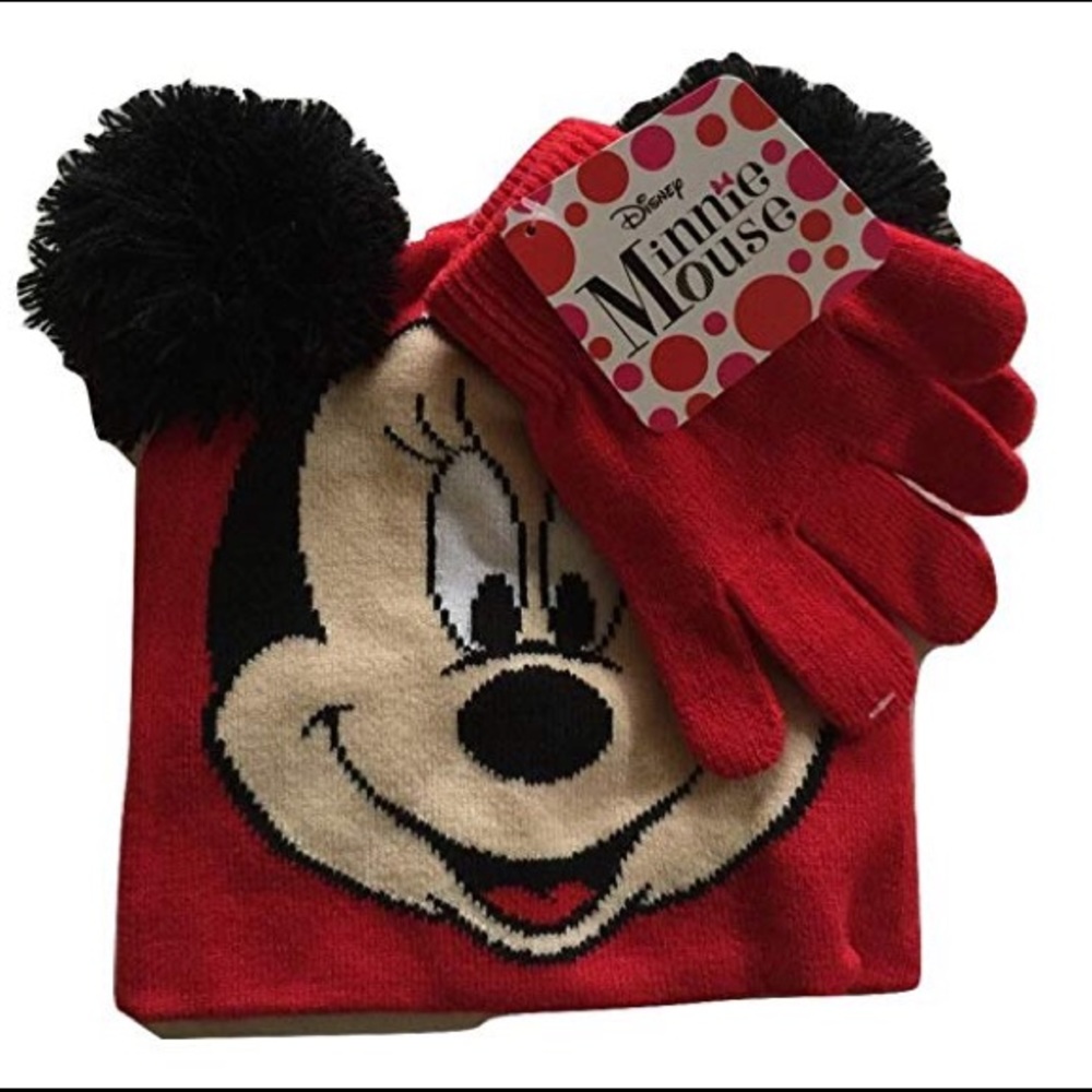 Minnie Mouse Pom Pom Ears Knit Cap and Glove Set